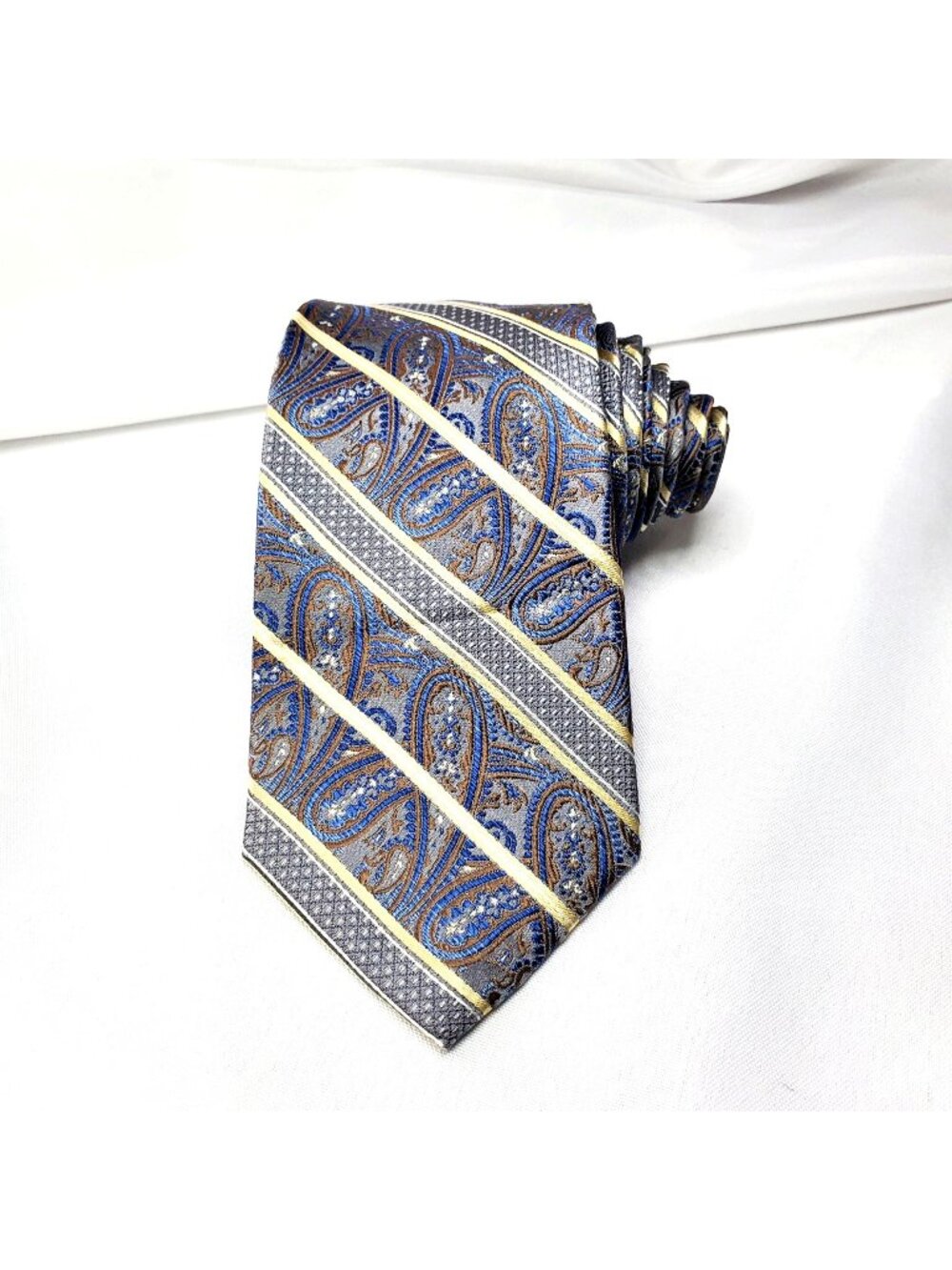 Pronto Uomo Paisley Mens Tie In Blue Brown & Gold Stripes 100% Silk 60.5"x3.25"